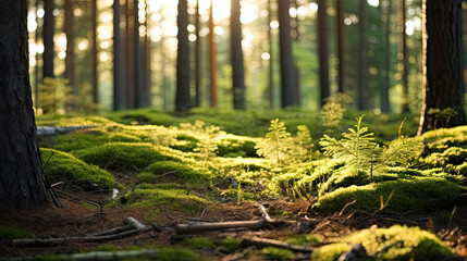 Nordic pine forest in the evening light. Short depth-of-field.