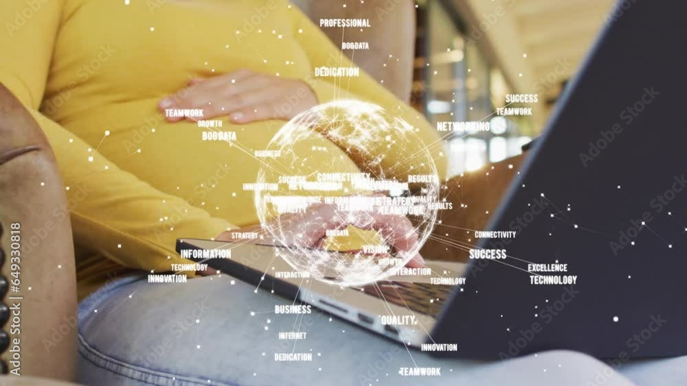 Poster animation of globe with data processing over caucasian pregnant woman using laptop