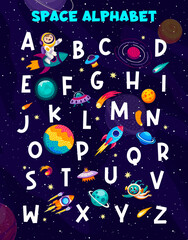 Cartoon space alphabet letters or english ABC for kids education, vector background. Kindergarten or school alphabet learning letters with kid spaceman astronaut, alien UFO and planets in sky