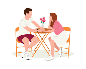 A cute couple in love is sitting at a table in a cafe. Vector illustration of a guy and a girl looking at each other with a loving look, he holds her hand
