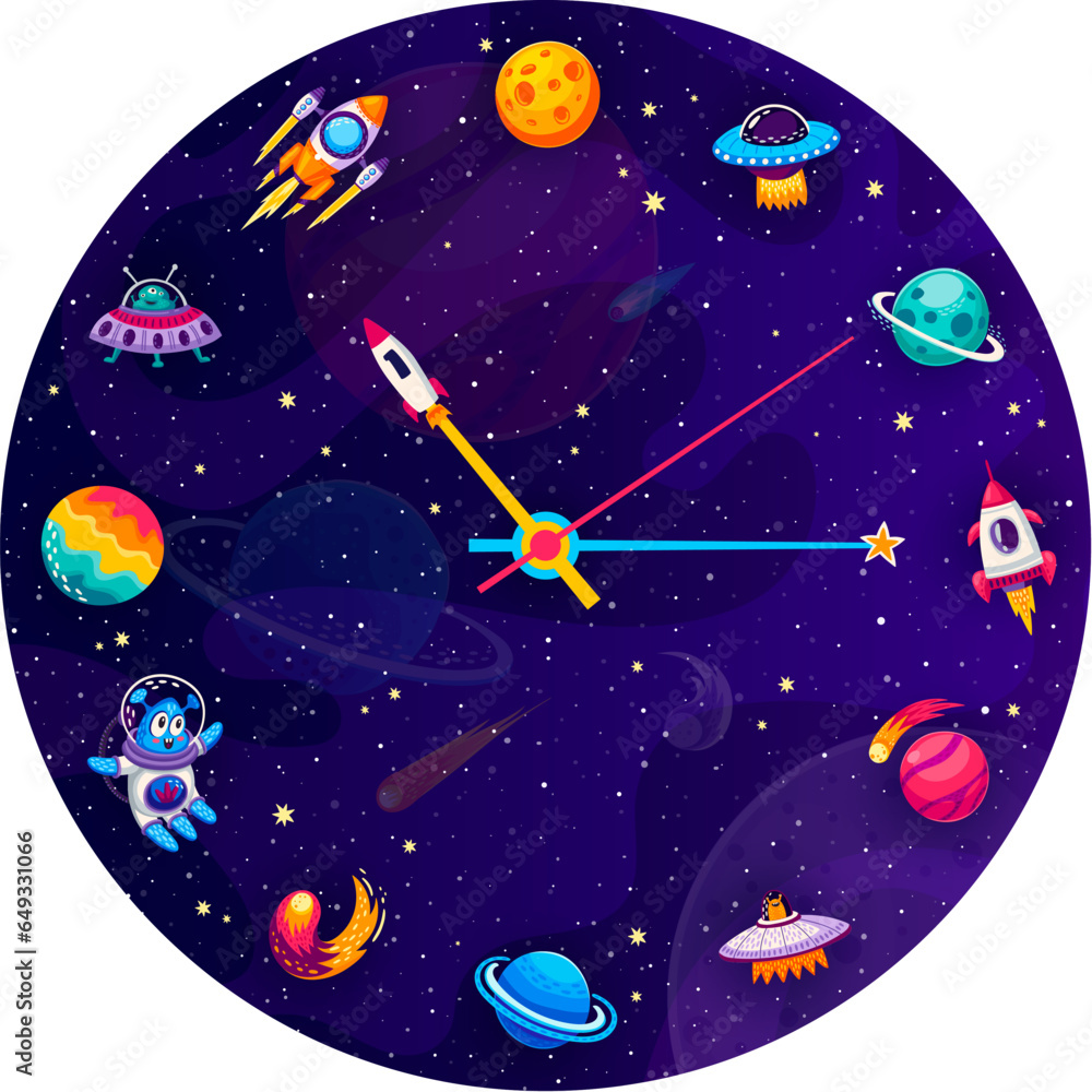 Poster Galaxy space clock with planets, stars and spaceships on clock face dial, cartoon vector. Alarm clock or watch face with arrow hand rocket, astronaut, alien UFO and asteroids in starry sky background