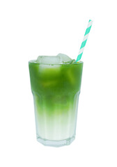 Milk green tea with ice on glass isolated on transparent background.