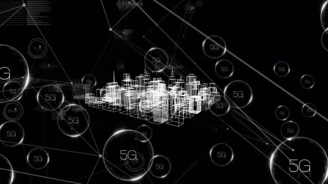 Animation of network of 5g text over 3d model of city