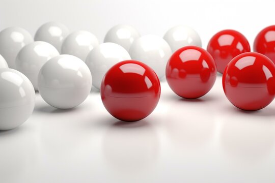 Leadership, differentiation, excellence, teamwork. Red ball, white ball, white background. Copy space, business design. 3D rendering. Generative AI © Olivia