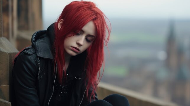 Pretty teenage emo girl with long and sleek bright red hair sitting alone with her thoughts and feelings overlooking a city and historic buildings reminiscent of Scottish stone architecture.  