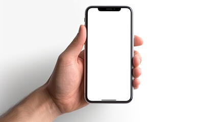 Smart phone with a plain white screen is being held by someone in his left hand. Suitable for technology-themed design mockups, mobile app advertisements and smartphone accessory promotional material - obrazy, fototapety, plakaty