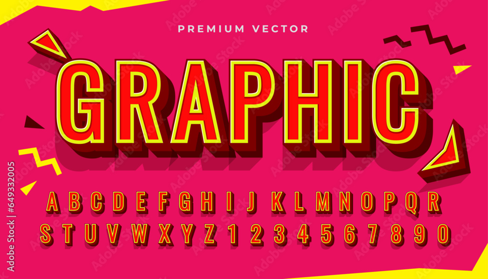 Aufkleber vector 3d retro alphabets typography. shadowed red yellow text on soft red abstract background