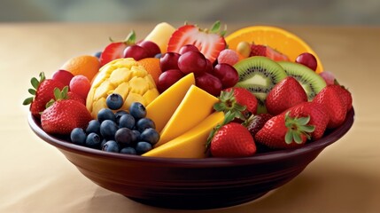 Fresh fruit bowl such as berries, sliced melons and citrus. AI generated