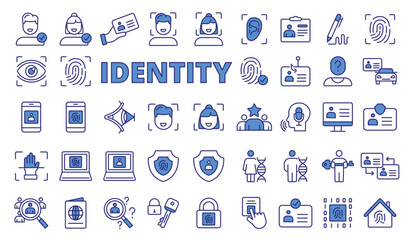 Set of identity icons in line design blue. Identification, fingerprint, face ID, protection, biometric, validation, security, identification vector illustrations. Icons isolated on while background