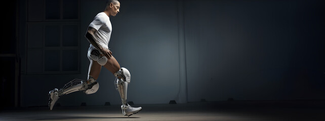 Sport man with prosthetic leg running training - Fitness and disability concept - Focus on bionic leg