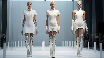 Models with prosthetic legs walking the runway during the Fashion Week or Fashion Shows. Life and disability concept - Focus on bionic legs