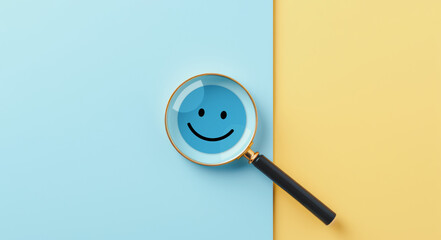 Positive thinking feedback, World mental health day, Magnifying glass focus Satisfied feedback icon, Excellent review result, Customer giving rating for experience or quality product, Opinion survey - obrazy, fototapety, plakaty
