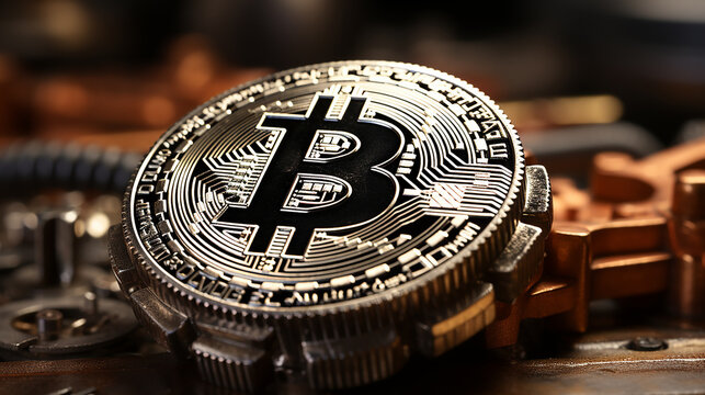 Bitcoins on the table, cryptocurrency background image