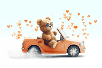 Foto op Canvas a cute Teddy bear driving a car with red hearts. © Lusi_mila