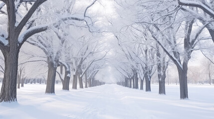 Naklejka premium Winter Snow Trees, Park Road Perspective, White Alley Tree Rows convergence