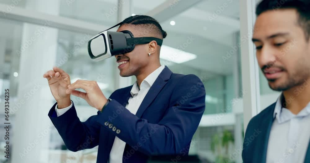 Aufkleber Business men, virtual reality glasses and together with metaverse development, coding and planning. Programming partnership, futuristic ar vision or teamwork for 3d ux, scroll or learning with tablet