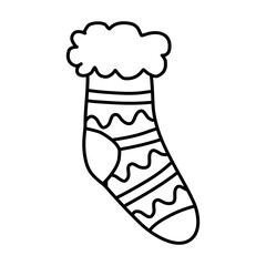 Knitted warm sock with stripes, waves and fluffy fur on top, vector outline for coloring book