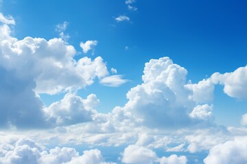 Cloudscape with fluffy white clouds against a vibrant blue sky. Generative AI