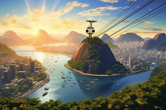 Bird's-eye view of Rio de Janeiro featuring Urca, Sugar Loaf cable car, and Corcovado Mountain. Generative AI