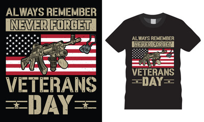 Always remember never forget Veteran Day typography premium vector t shirt design template.