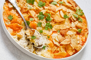 creamy cheesy chicken almond casserole, top view