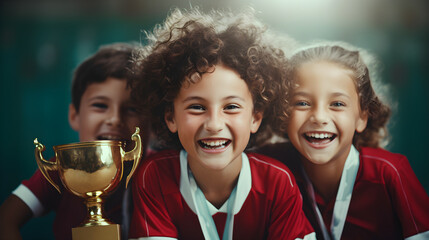 Happy kids with medals and trophy cup smiling, and looking at camera