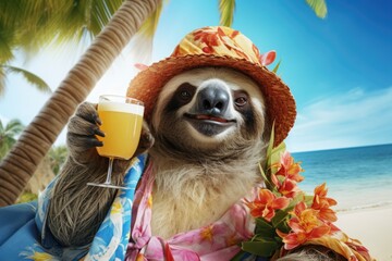 A sloth holding a glass of orange juice