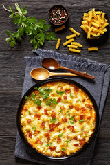 fusilli pasta bacon cheese chicken bake, top view