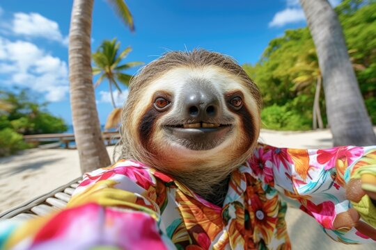 A happy sloth relaxing in a hammock