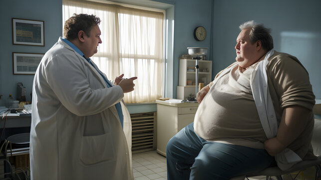 Fat overweight man with doctor in white coat in light room. Diet and Healthcare concept. Man with bulimia. Unhealthy lifestyle concept. Patient with overweight.