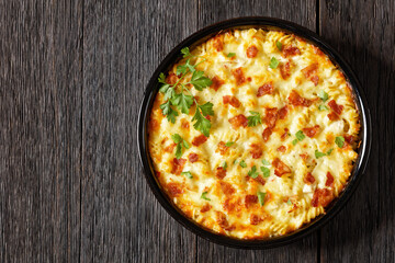 fusilli pasta bacon cheese chicken bake, top view