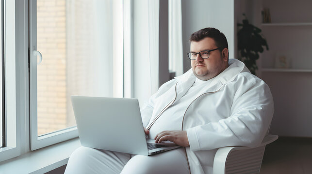 Overweight businessman in white clothes working with a laptop at home near the window