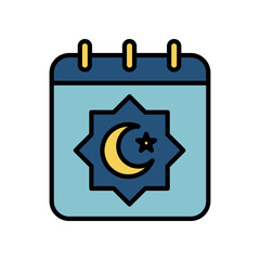 Islamic date icon for eid, muslim fasting ramadan. Calendar page with muslim moon and star. Arabic months, Lunar Hijri. Filled style vector illustration. design on