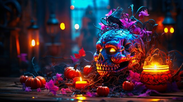 Eerie Halloween scene featuring grinning skull and flickering candles. Generative AI