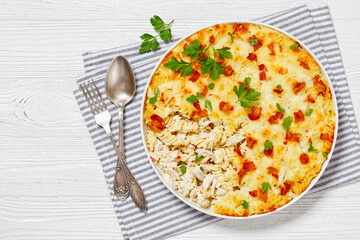 fusilli pasta bacon cheese chicken bake, top view