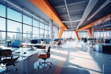 office with chairs, tables and orange lines with windows overlooking city buildings in the style of polished surfaces