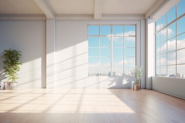 the open space on the floor next to windows with sunlight coming in, in the style of realistic blue skies, empty white room with window views and plant, in the style of ray tracing