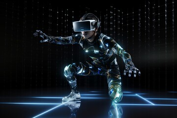 Fototapeta premium futuristic android in a vr headset, in the style of dynamic pose, futuristic cyberpunk, augmented reality subject with v eye technology wearing a bodysuit, in the style of futuristic, dynamic pose