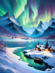 beautiful winter night landscape with lake, houses and northern lights