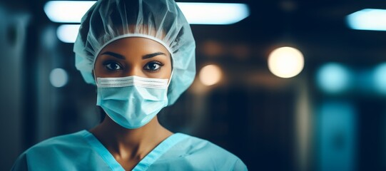a black female woman surgeon in a surgical mask and medical gown, a professional nurse doctor, in the style of soft focus lens, medical topics, close up - obrazy, fototapety, plakaty