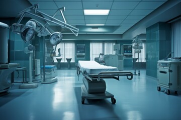 an operating room for a hospital or medical center, an empty hospital with a bed in the corner, the modern operating room