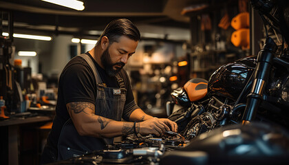 technician repairing motorcycle - obrazy, fototapety, plakaty