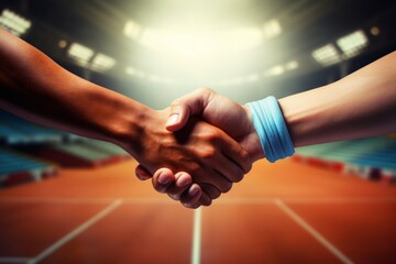 two tennis players shaking hands behind a tennis court