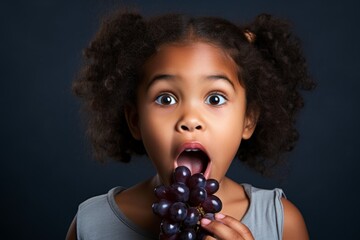 black girl eating grapes on a dark background - obrazy, fototapety, plakaty
