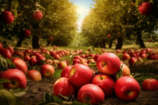 apple orchards with red apples over green grass, red apples are falling from an orchard, apple tree landscape images, red apples, orchards, apple tree growing, harvest