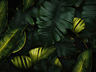 Dark summer tropical design with banana palm leaves 3d effect. 