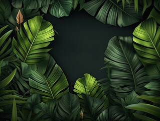 Dark summer tropical design with banana palm leaves 3d effect. 