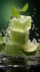 handmade soap bars in emerald green color from natural ingredients with lemon and mint. with a splash of water. Close-up On a blurred background