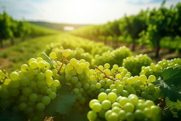 green white grape in a field with sun, white grapes are hanging on vines in a vineyard with sunlight, a group of many white grapes on the vine, harvest