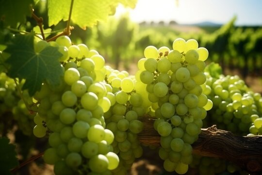 green white grape in a field with sun, white grapes are hanging on vines in a vineyard with sunlight, a group of many white grapes on the vine, harvest